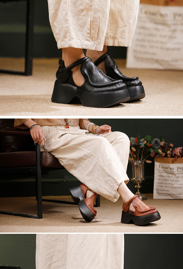 Sandal La Mã nữ da bò thật đế dày gót xuồng mũi tròn — màu đen, Màu nâu