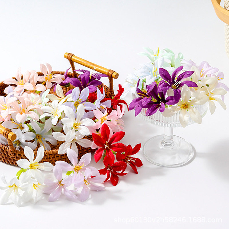 ดอกไม้ประดิษฐ์ลิลลี่น้ำค้างข้ามประเทศ แพ็กเกจวัสดุ DIY หัวดอกไม้ เครื่องประดับศีรษะ พวงมาลัย ของตกแต่งผนังดอกไม้ ขายส่ง