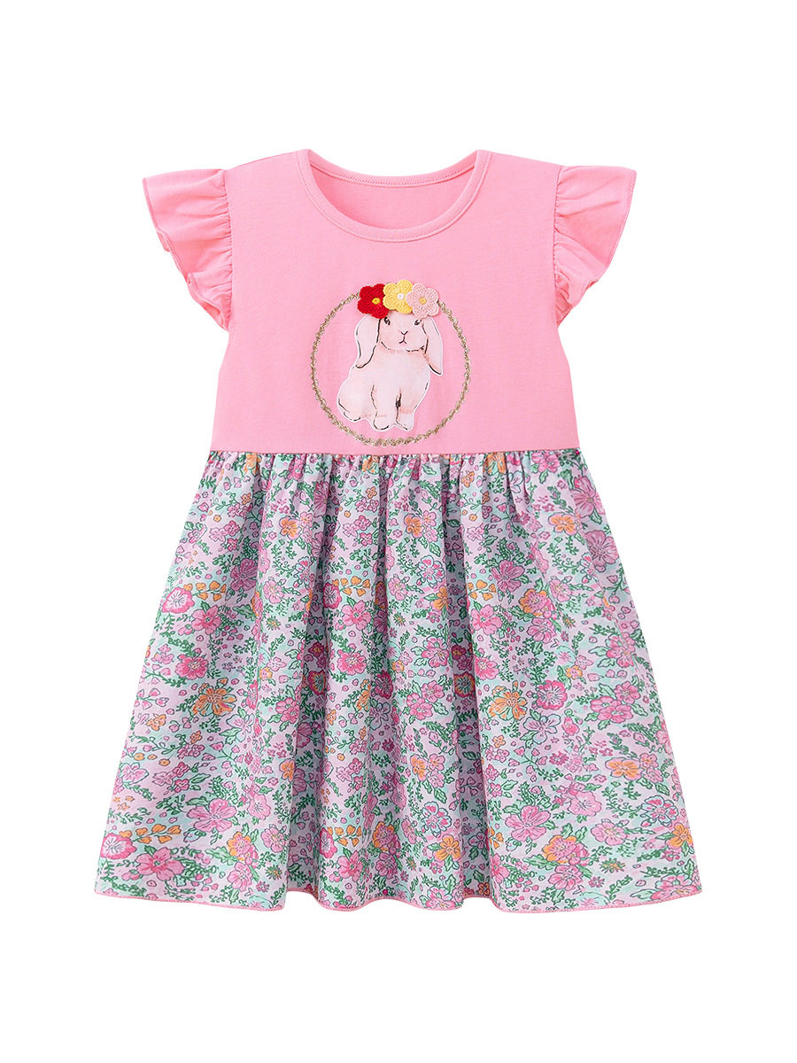 Summer Girls' Dress, Floral Cartoon Kids' Dress, Short-sleeve Breathable Kids' Skirt