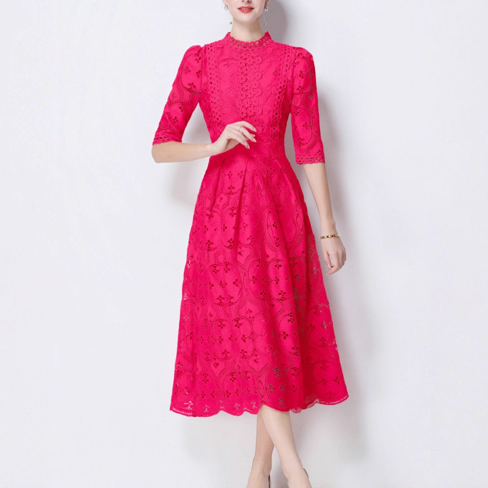 Elegant Womens Long Dress High Quality Water Soluble Lace Hollow Embroidery Waist Defining Slim Fit Perfect for