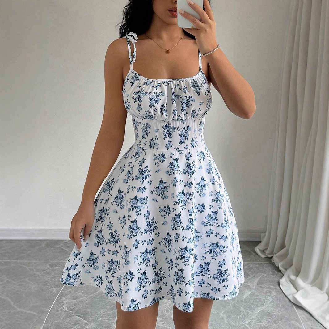 Floral Print Short Dress Summer Style Square Neck Sleeveless Lightweight Fabric Perfect for Casual Outings