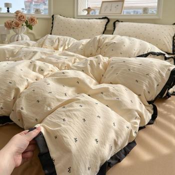 Cotton French Lace Four-Piece Bedding Set Class a Korean Style Pure Cotton Quilt Cover Bed Sheetss and Fitted Bed Sheetss Dormitory Three-Piece