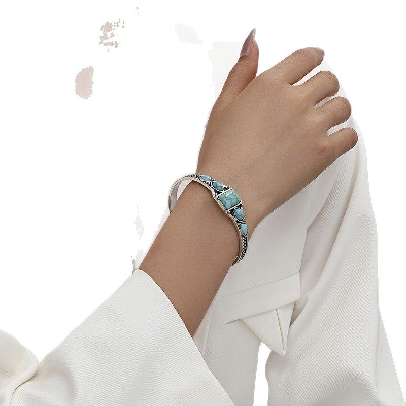 European and American Bohemian Retro Turquoise Carved Cut Out Geometric Shape Bracelet Bracelet Opening Adjustable