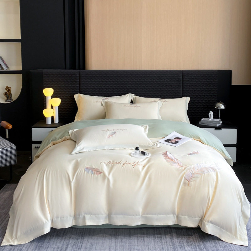 New Skin-Friendly Cotton Bed Set, Thickened Brushed Four-Piece Set, High-End Skin-Friendly Feather Embroidery Duvet Cover and Bed Sheet