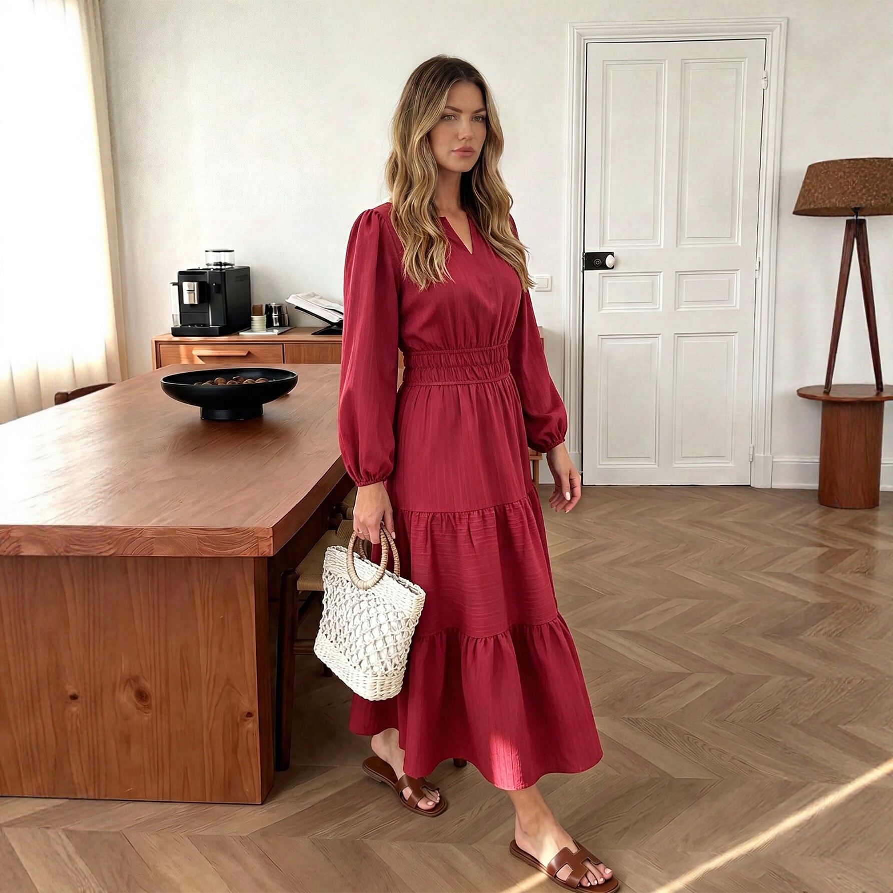 Vintage Burgundy V Neck Dress Slim Fit Puff Sleeves Long Length Perfect for Parties and Special Occasions Wholesale
