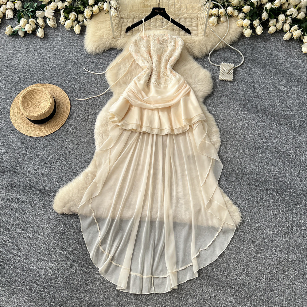 French Chic Two Piece Set Luxurious Lace Tulle Skirt Irregular Hem Waist Cinching Design Summer Fashion for Elegant