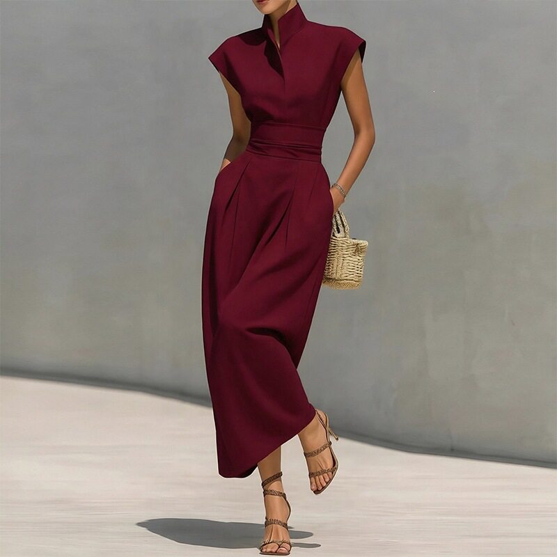 Womens Spring Dress Elegant Solid Color Waist Defining Flutter Sleeves Perfect for Casual or Formal Occasions