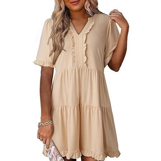 Loose Fit V Neck Short Sleeve Dress Solid Color Ruffle Hem Spring Summer Style Wholesale Available