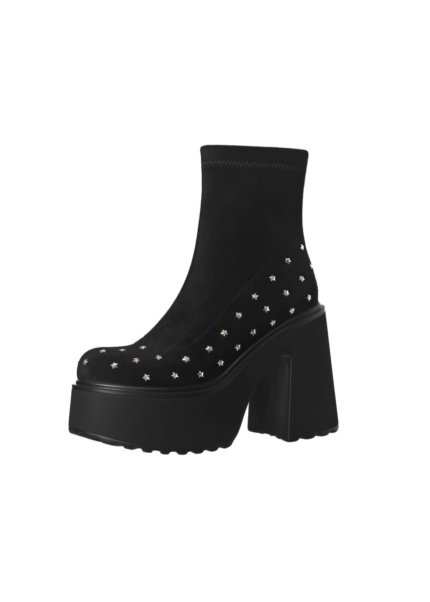 Boot nữ cổ ngắn đế dày khóa kéo bên hông, gót thô tăng chiều cao — Lớp lót đơn màu đen, Lớp lót đơn màu xanh lá, Lót nhung đen, Lót nhung xanh lá
