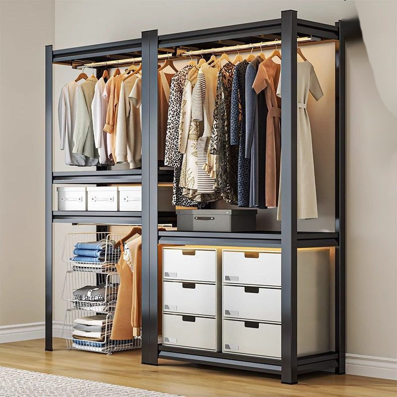 Wardrobe Hanger Shelf Dust-Proof Curtain Open Cloakroom Bedroom Simple Angle Steel Household Floor-Standing Multi-Layer Storage Rack