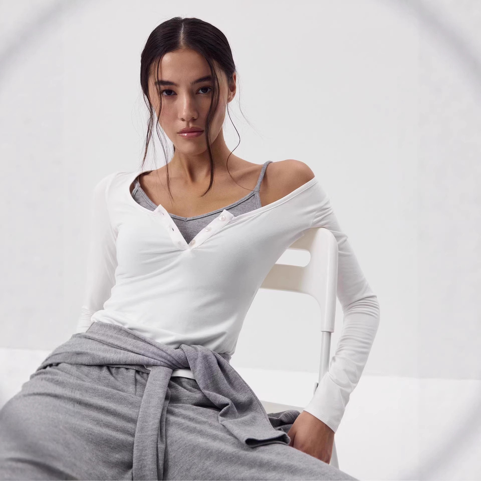 Modal Knit Long Sleeve Womens T Shirt Slim Fit U Neck Button Detail Casual Wear Spring Fall Wholesale Available