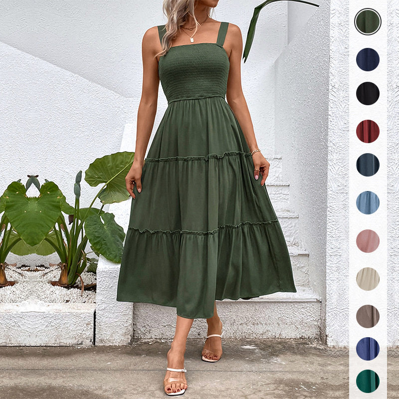 Casual Summer Dress Solid Color Adjustable Straps Waist Tie Design Beach Vacation Essential Wholesale Available