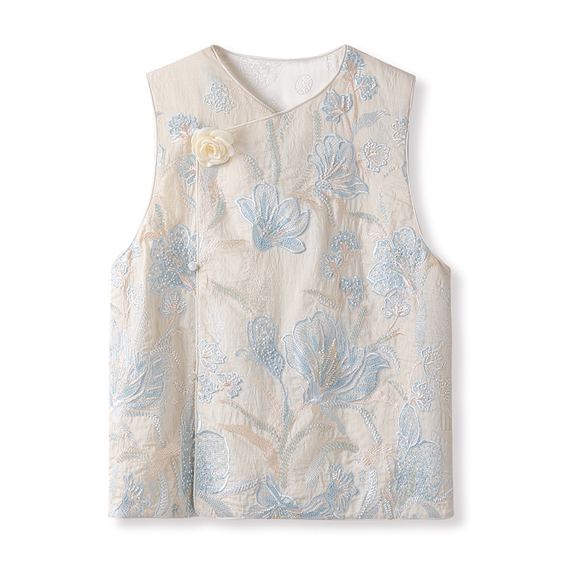 Áo vest nữ không tay thêu hoa nổi chất liệu satin phối họa tiết cành hoa — Hồng xanh (phát hành cùng ngày), Màu xanh hồng (giao hàng trong 7 ngày), Màu xanh mơ (giao hàng trong 7 ngày), Màu xanh mơ (phát hành cùng ngày)