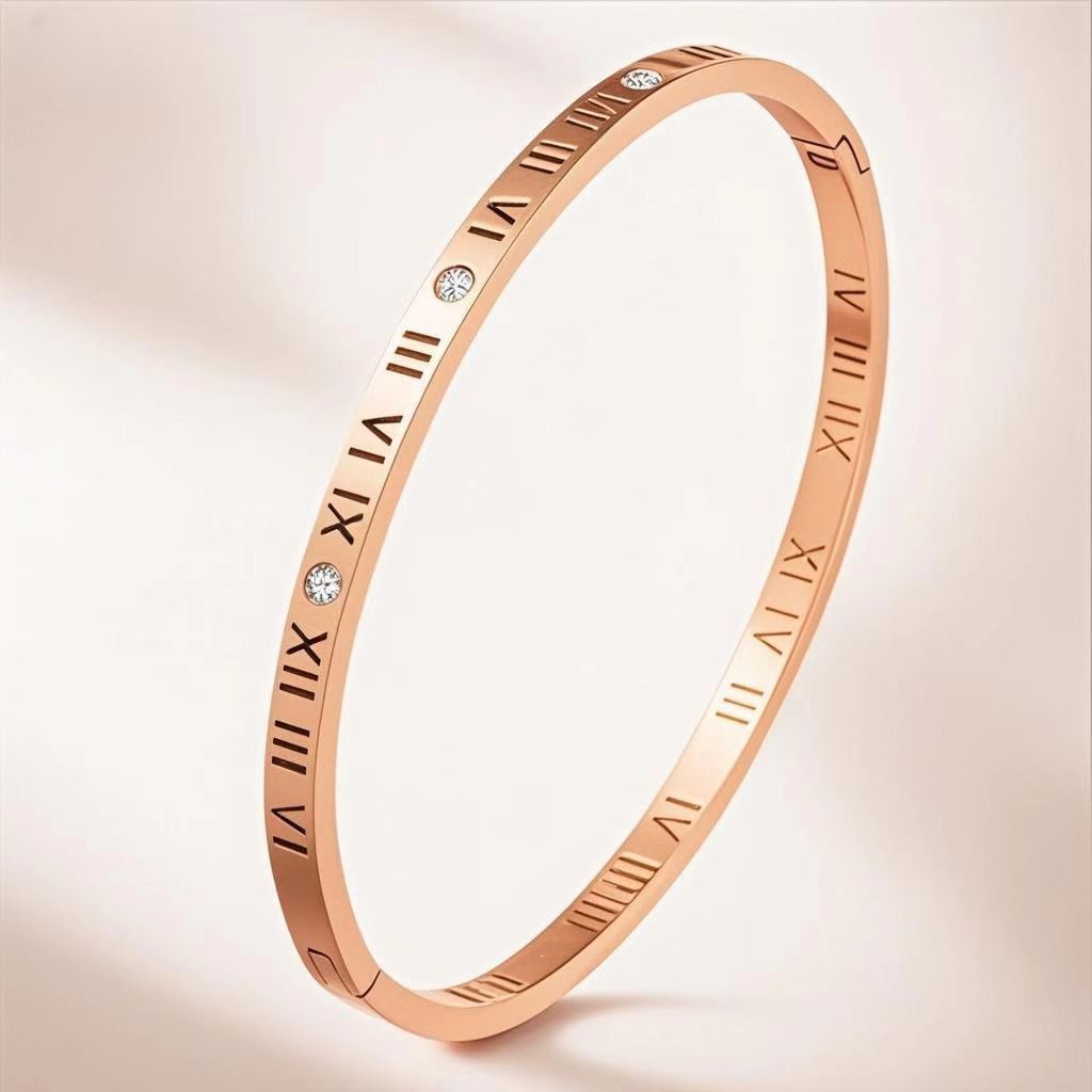玫瑰金跨境钛钢女款手镯不锈钢轻奢高级感小众时尚锆石手环手镯