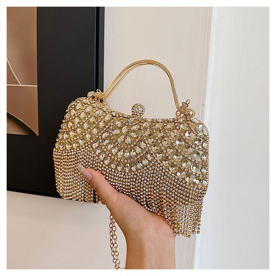 2024 Cross-Border New European and American Rhinestone Evening Bag Tassel Portable Banquet Bag Fashionable Celebrity Evening Wear Single Shoulder Diagonal