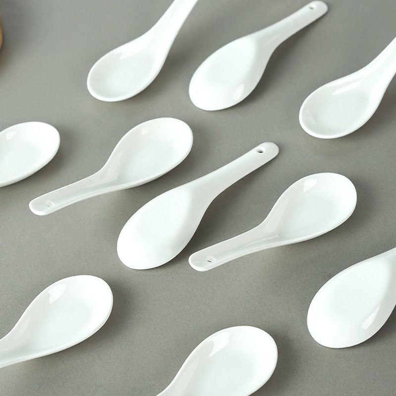 Soup Spoon Pure White Ceramic Spoon Spoon Flat Bottom Spoon Wholesaler Household Restaurant Spoon Tableware for Eating and Drinking Soup Bone