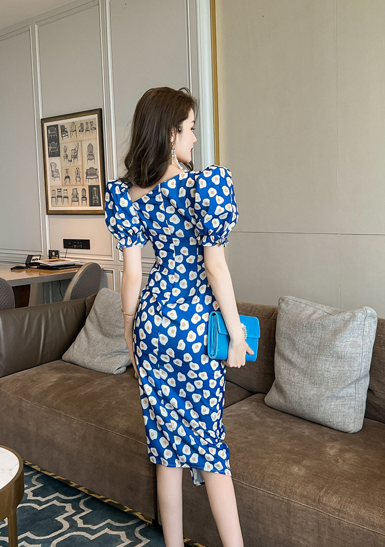 Đầm ôm body nữ thiết kế vai lệch tay bồng in hoa xếp ly phong cách Hồng Kông 2026 — [Xanh cung điện] chi tiết 17
