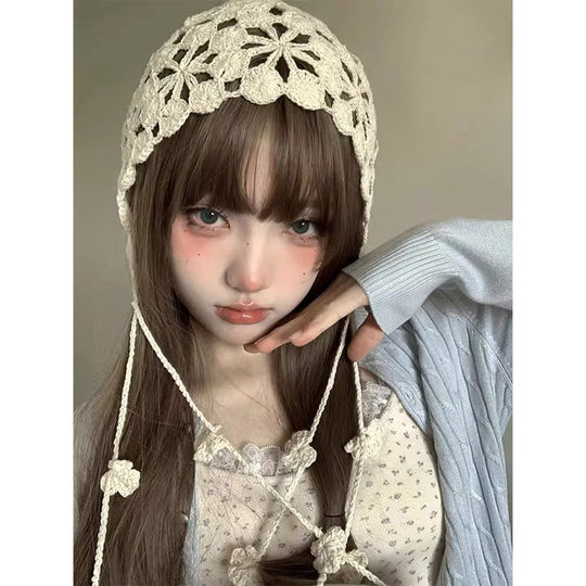 Bohemian Handmade Knitted Flower Tassel Bag Head Hat Ethnic Style Hollow Crochet Hat Yunnan Headscarf All-match