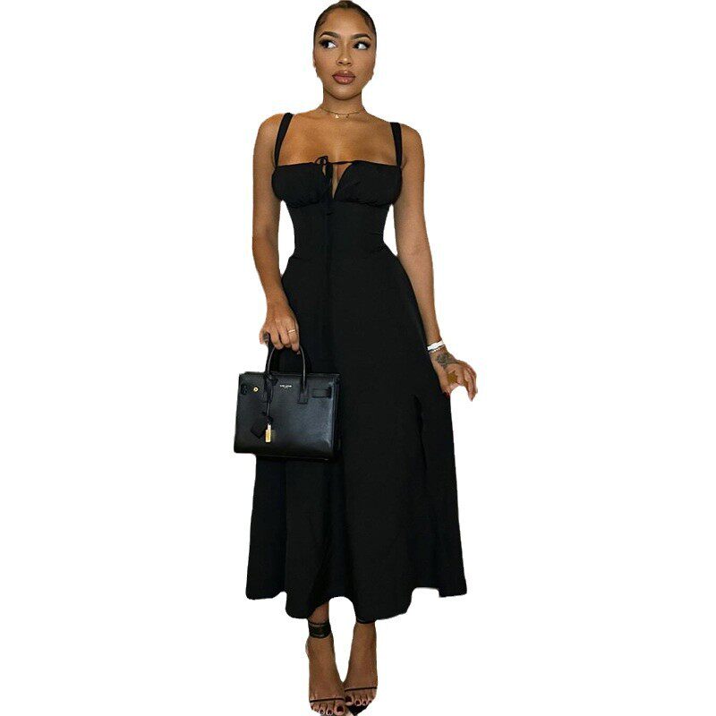 Casual Midi Dress Slim Fit Split Hem Lace Up Design Chic Style for Outings Wholesale Available