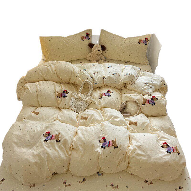 Class a Cream Korean Girly Heart Ins Towel Embroidered Washed Cotton Four-Piece Set Student Dormitory Three-Piece Set Bed Sheetss and Fitted Bed Sheetss