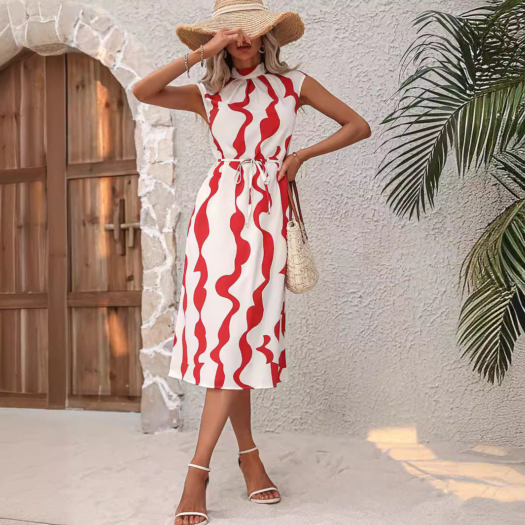 Summer Womens Irregular Print Tank Top Dress Mid Length Casual Style Lightweight Fabric Wholesale Available