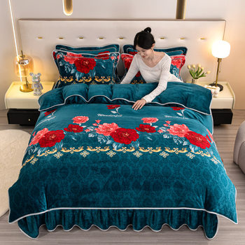 Winter Milk Velvet Bed Skirt Four-piece Set Thickened Double-sided Flannel Plush Bed Sheet Quilt Cover Coral Velvet Bed Winter