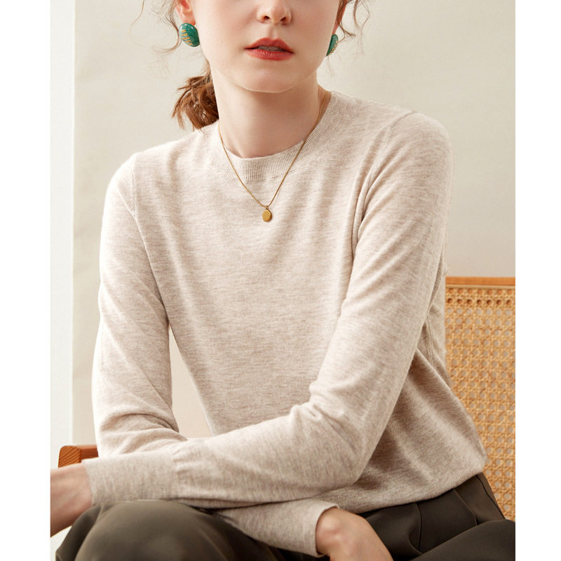 美丽诺精纺超细100纯羊毛衫女士薄款圆领套头毛衣内搭针织打底衫
