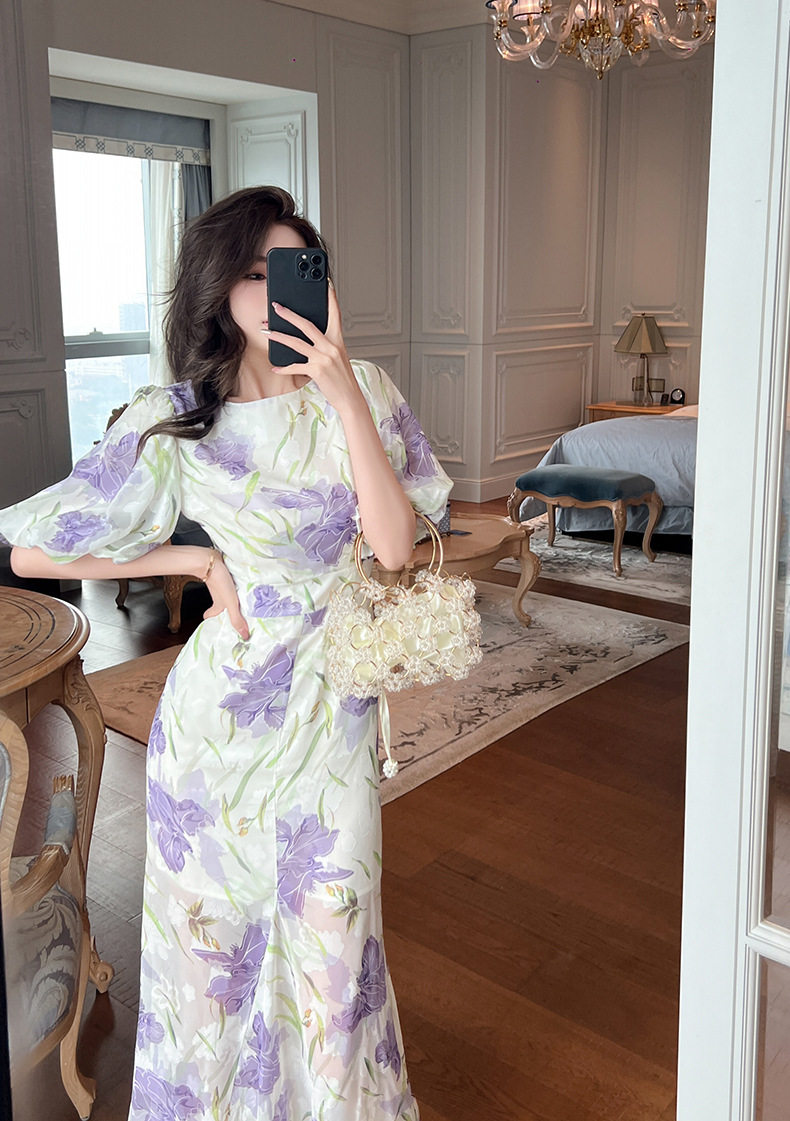 Đầm ôm body nữ cổ tròn tay bồng đuôi cá — [Tím] chi tiết 12