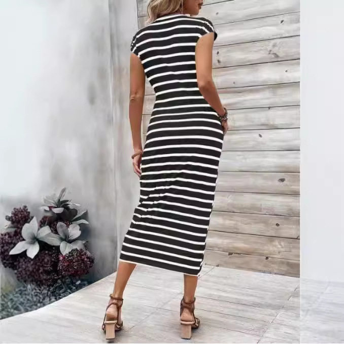 Elegant Striped Maxi Dress Waist Tie Short Sleeve Round Neck Summer Fashion for Women Wholesale Available