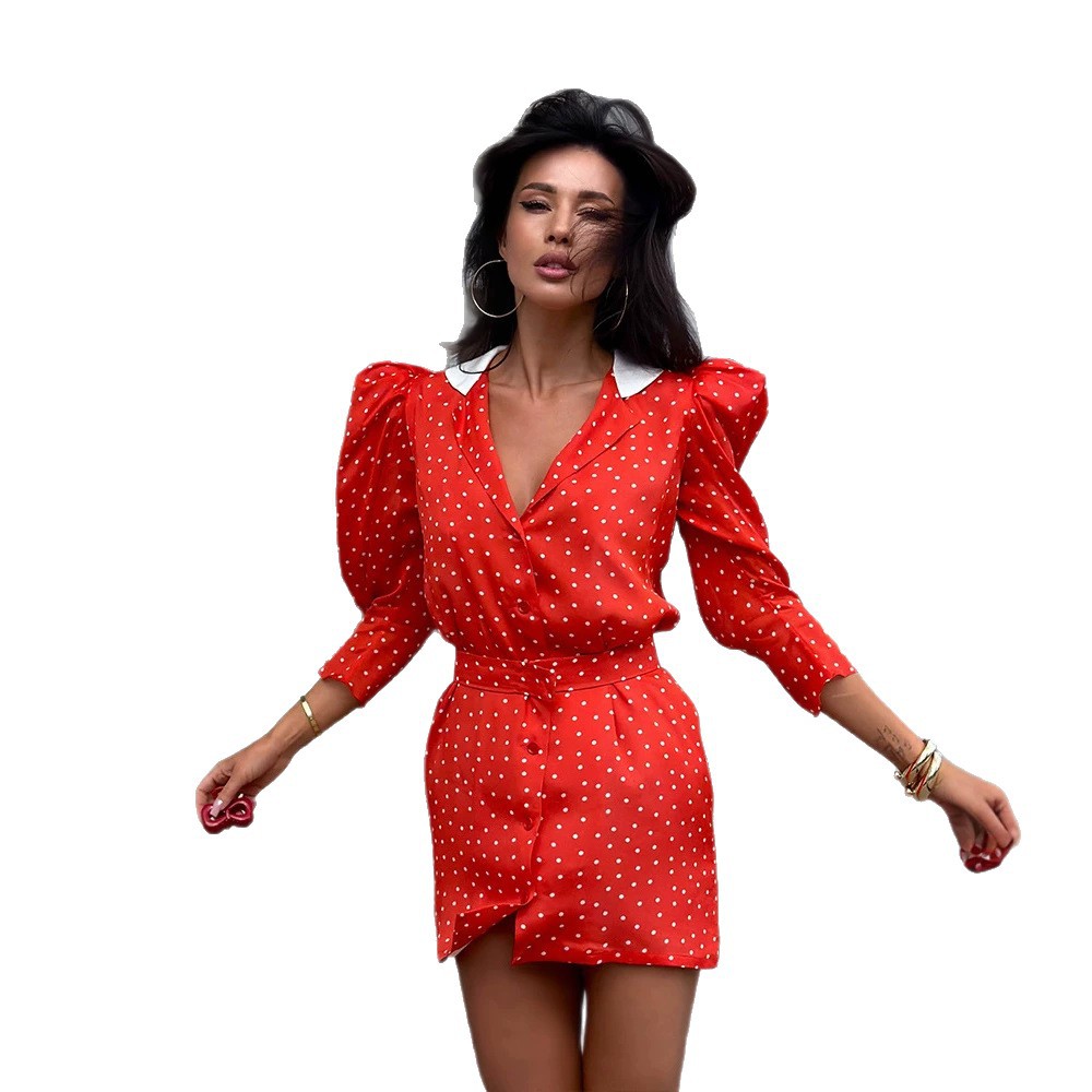Vintage French Style Polka Dot Dress Elegant Collar Mid Length Long Sleeve Perfect for Autumn Events Wholesale