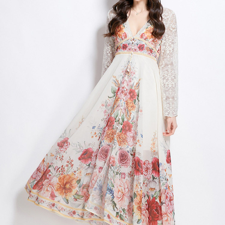 Fashionable Spring Dress for Women Elegant Deep V Neck Lace Bell Sleeves Floral Print Perfect for Vacation or Casual