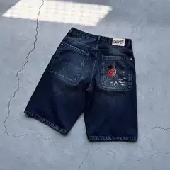 Derschutze European and American Retro Street Hip-Hop Cartoon Pattern Pocket Embroidery Denim Shorts Versatile Cross-Border