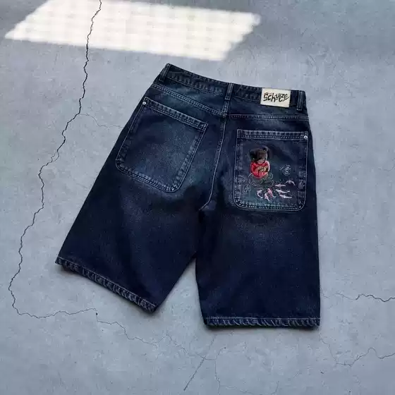 Derschutze European and American Retro Street Hip-Hop Cartoon Pattern Pocket Embroidery Denim Shorts Versatile Cross-Border