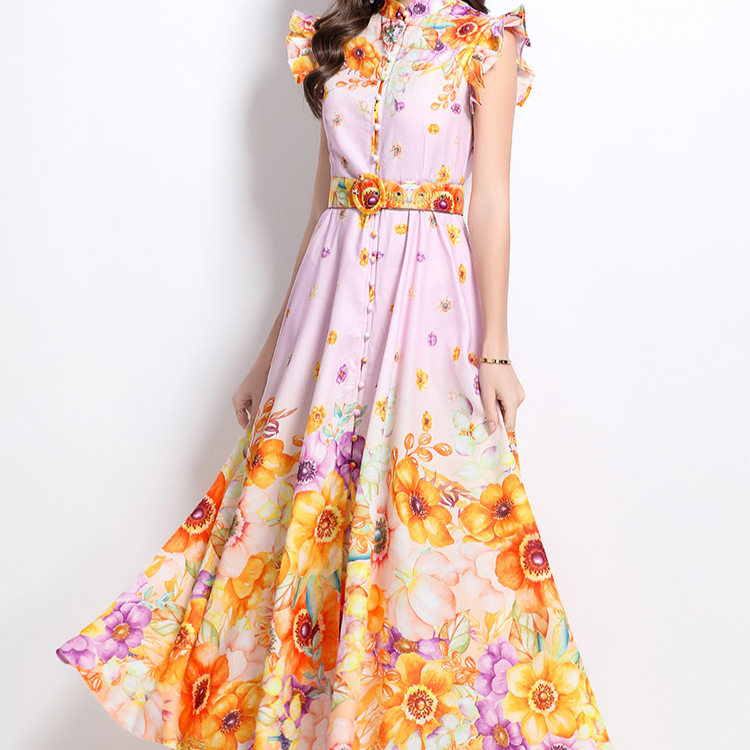 Elegant Floral Print A Line Dress Short Sleeve Stand Collar Waist Tie Flowy Skirt Perfect for Resort Wear