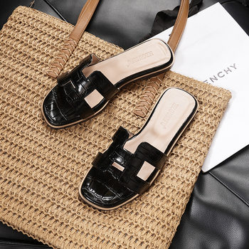 Lazy Large Size Beach Shoes Wholesale European and American Cross-Border Foreign Trade Women's 2025 Summer Square Toe Flat Slippers Women's Sandals