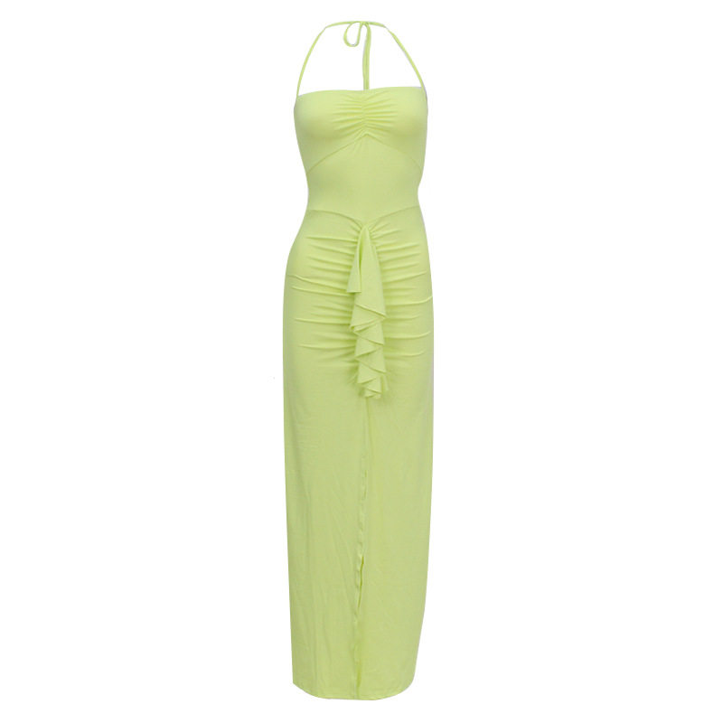 Womens Halter Neck Dress Slim Fit Ruffle Trim Pleated Side Slit Elegant Long Dress for Parties and Events