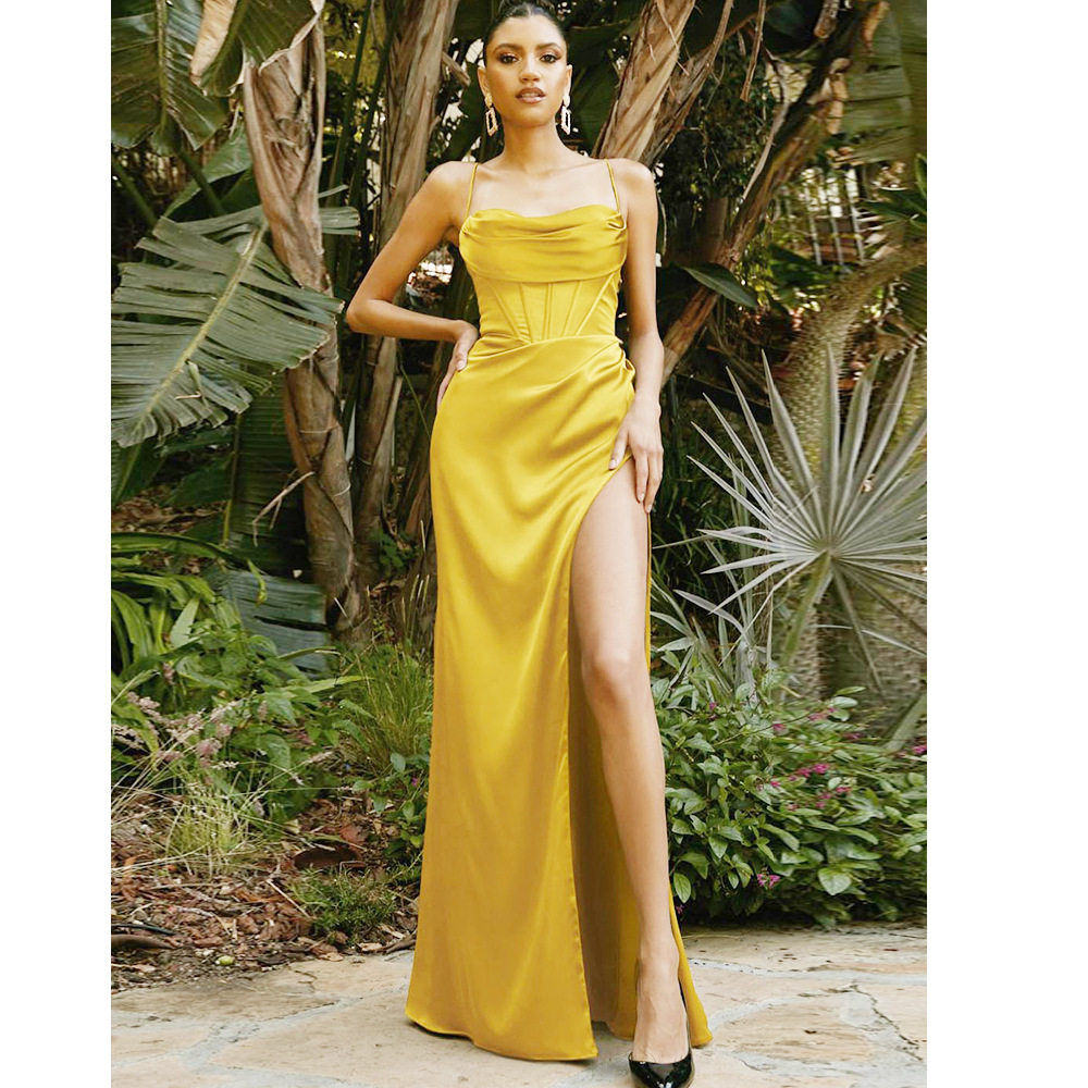 Christmas Party Dress Sexy Spaghetti Strap High Waist Split Long Gown Available in 9 Colors Wholesale Options