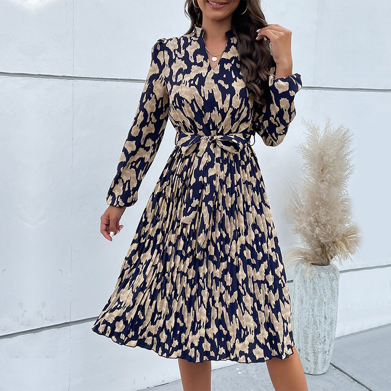 Womens Long Sleeve Pleated Floral Dress Autumn Fashion Elegant Style Comfortable Fit Wholesale Available