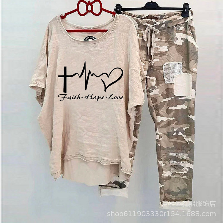 Cross-Border 2025 Spring and Summer Export New Casual Suit Women's Cotton and Linen Heat Transfer Amazon Top Printed Camouflage Sweatpants