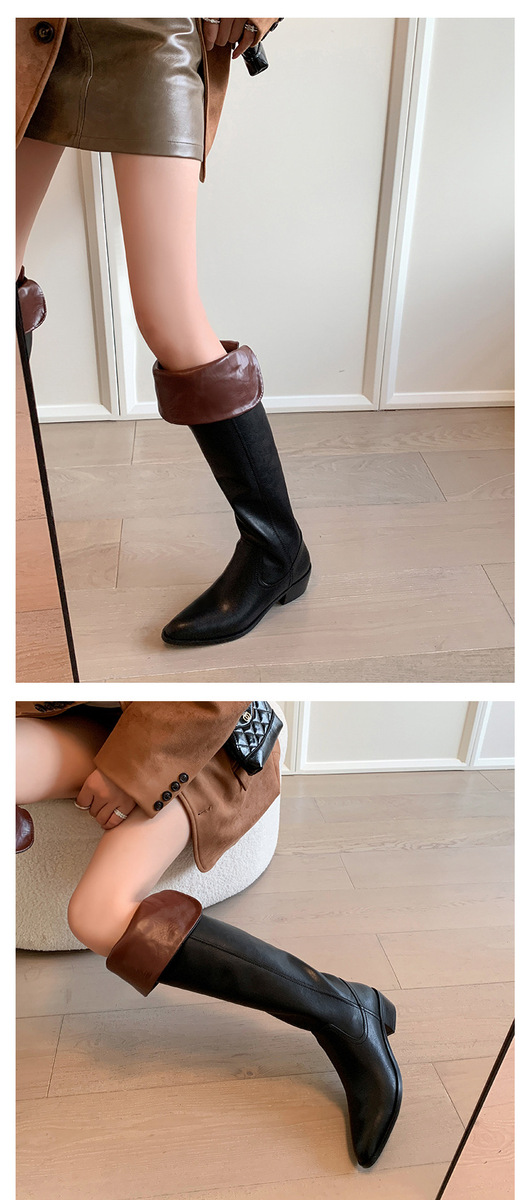 Boot nữ cổ cao quá gối da bò gót thô 5cm mũi nhọn phong cách tối giản — Lớp lót đơn màu đen, Lớp lót đơn màu đỏ neo, Lớp lót nhung đen, Mỏ neo nhung đỏ