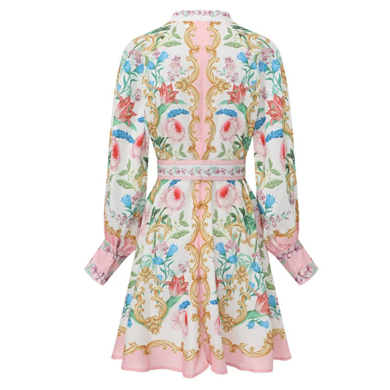 V Neck Lantern Sleeve Floral Print Dress Slim Fit A Line Silhouette Spring Summer Style Perfect for Office Wear