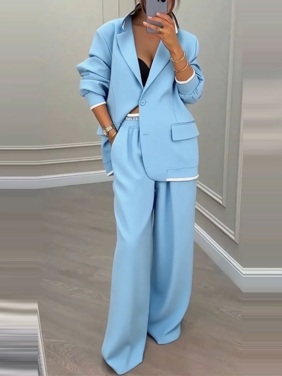 Womens Suit Set Elegant Long Sleeve Jacket Relaxed Wide Leg Pants Fall Winter Fashion Wholesale Available