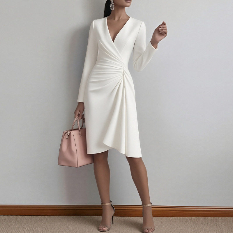 Summer Womens Dress Elegant Solid Color Pleated Design High Quality Fabric Casual or Formal Occasions Wholesale