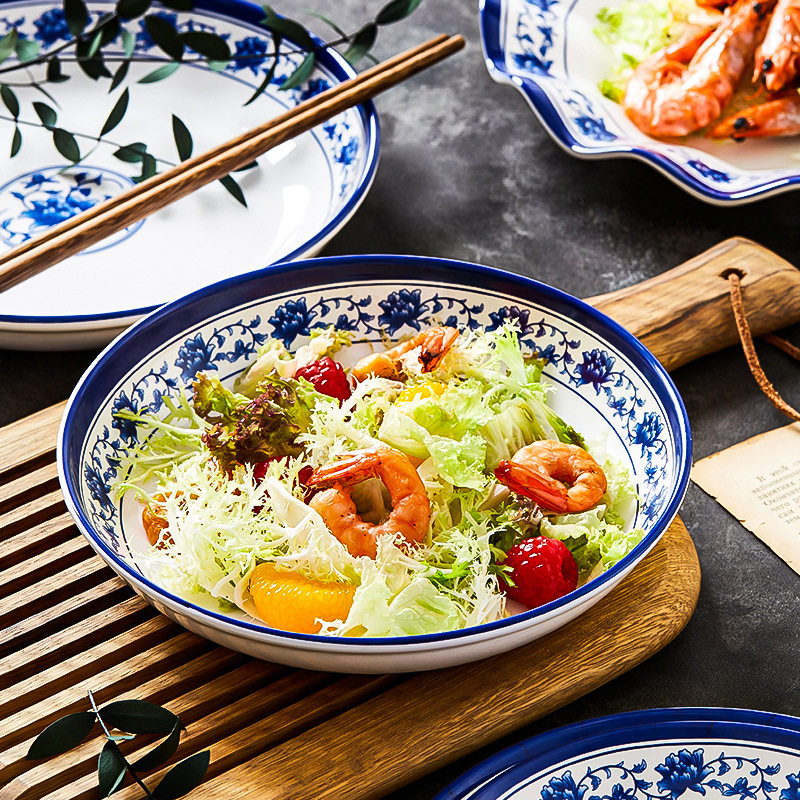 Melamine blue and white round deep plate shallow plate Hotel Hotel commercial imitation porcelain plastic plate stir-fry plate lotus plate