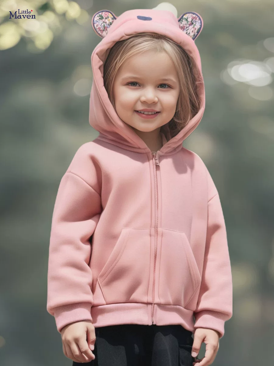 [Style] Kids' Hoodie, Autumn Fleece-lined Solid Color Jacket, Cute Hooded Baby Top
