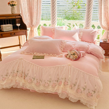 2025 New Milk Velvet Bed Skirt Four-Piece Set Lace Embroidery Four-Piece Set Korean Style French Princess Style Four-Piece Set