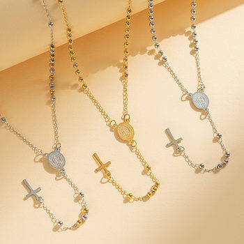 Hot-Selling Cross-Border Popular Round Bead Necklace Pendant Titanium Steel Virgin Mary Cross Stainless Steel 3mm Buddhist Beads Light Luxury