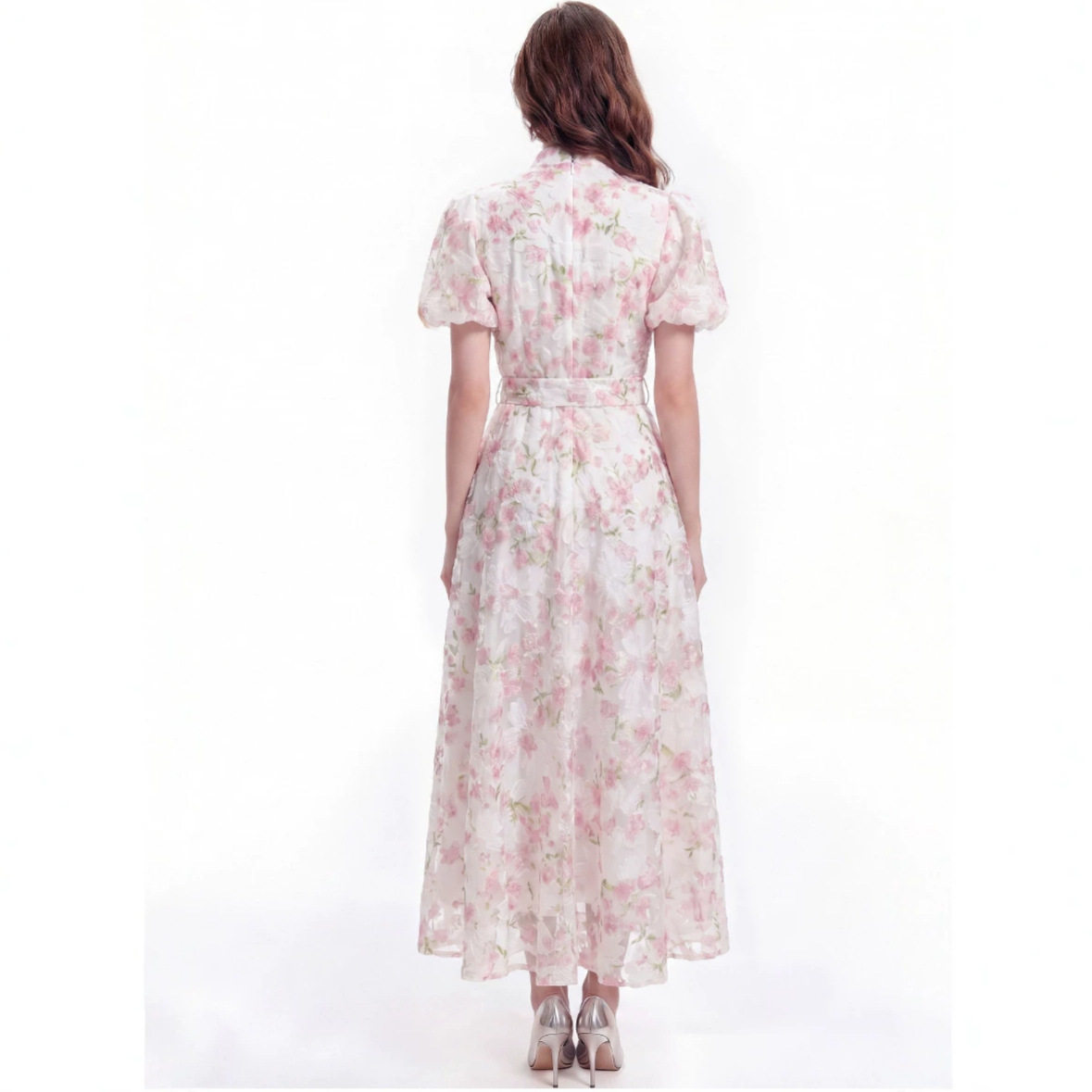 Romantic Rose Print Mesh Puff Sleeve Dress Summer Pearl Button Waist Defined Long Length Perfect for Casual or