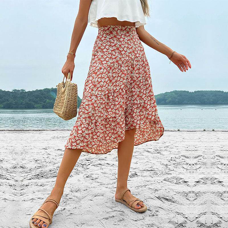 High Waisted Irregular Floral Midi Skirt Fresh and Sweet Design Summer Vacation or Date Wear Wholesale Available