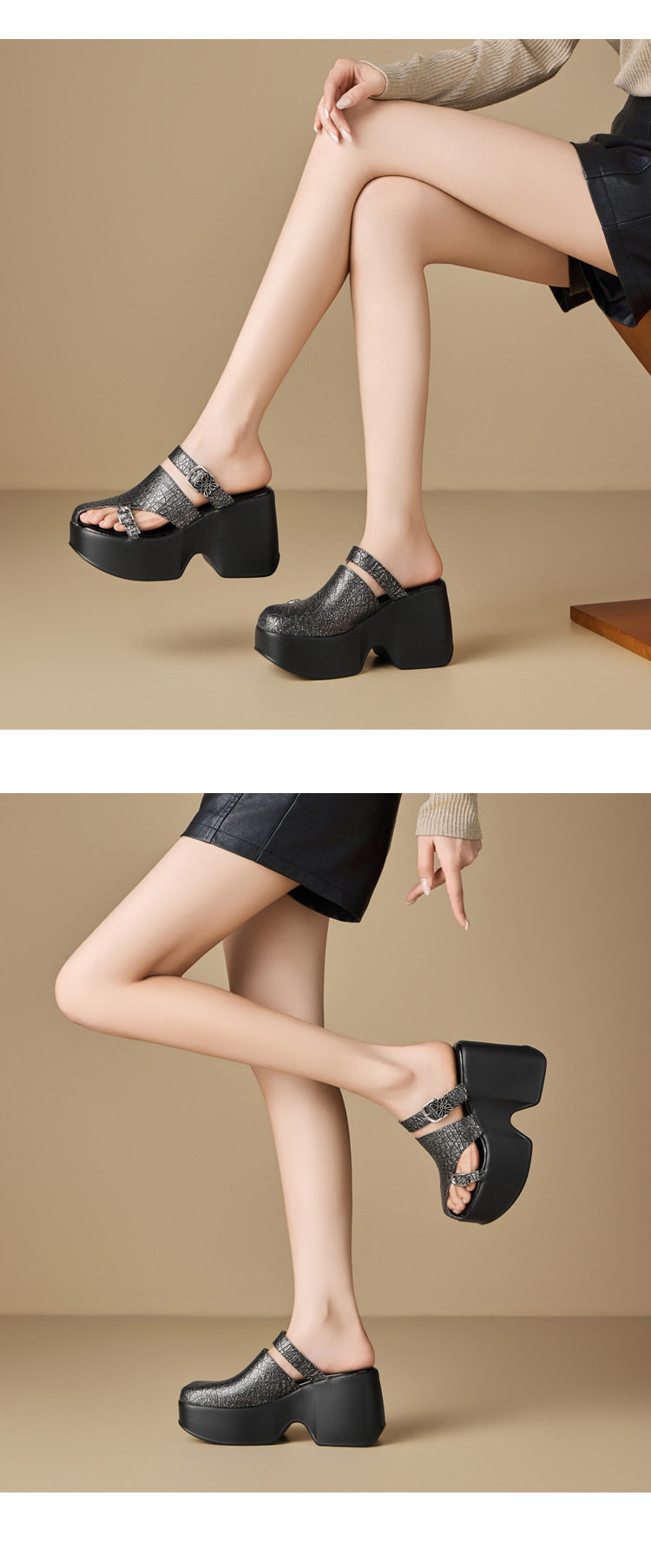 Sandal cao gót nữ hở mũi đế xuồng 10 cm da bò thật phong cách La Mã — [Đen], [Bạc], [Vàng nhạt] chi tiết 4